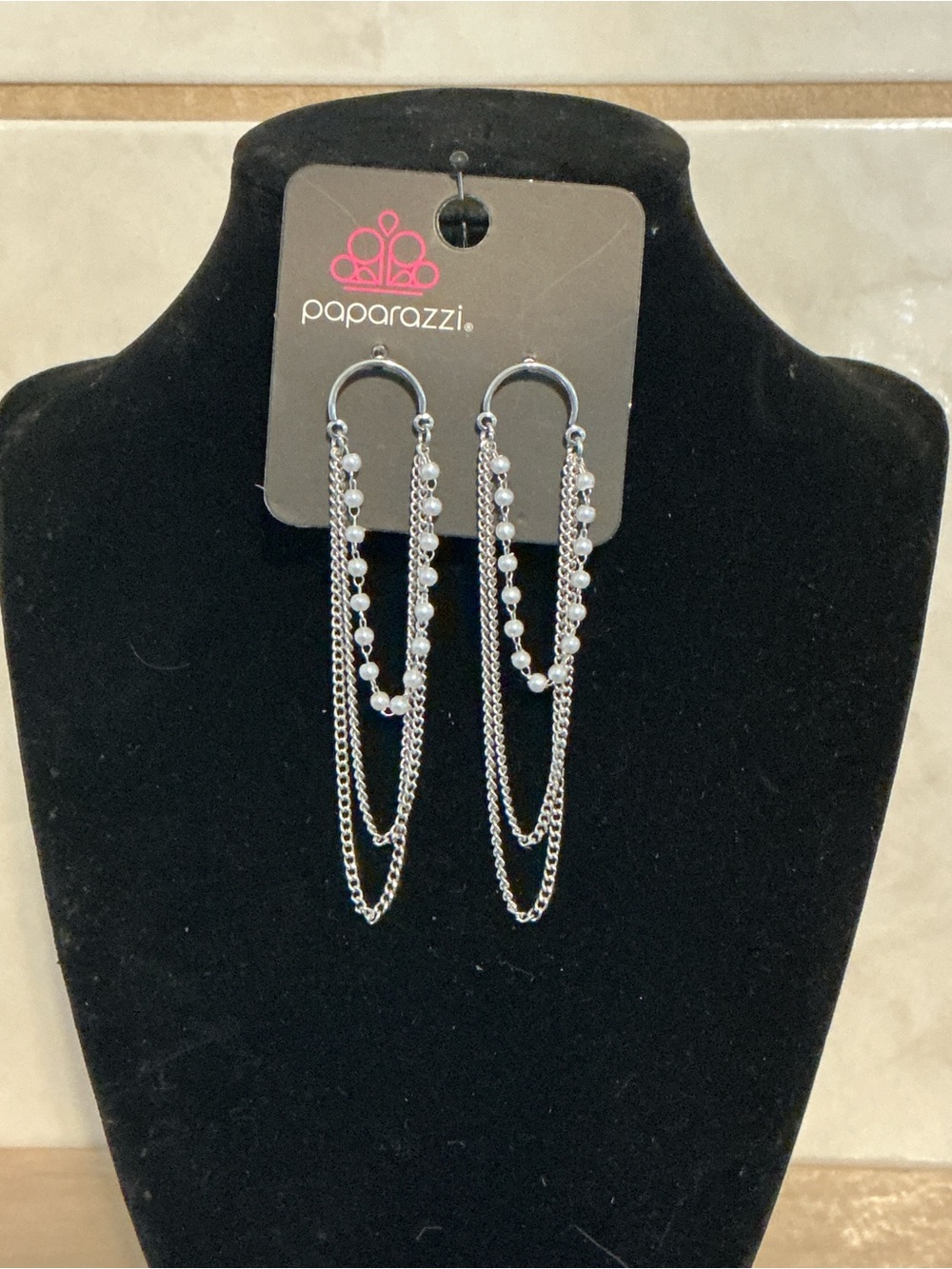 Paparazzi Silver Multi-Chain Pearl Accent Dangle Earrings
